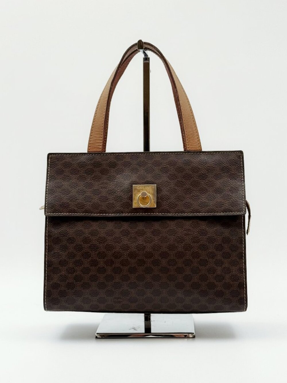 CELINE Vintage Macadam Triomphe Monogram Top Handle Handbag Brown Leather